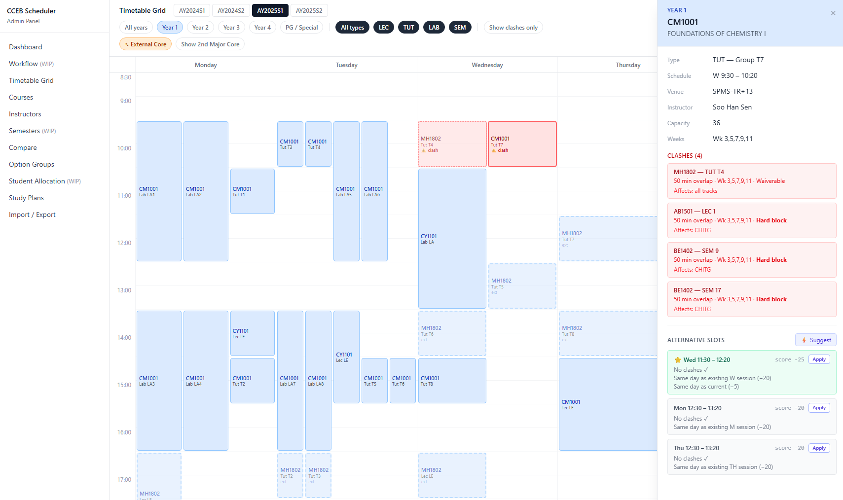 Automata Course Scheduler: timetable grid with clash detection